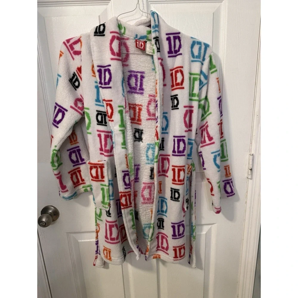 One Direction Girls Bathrobe White Multicolored Fleece Sz 10/12 1D 2013